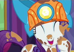 Size: 768x540 | Tagged: safe, screencap, rarity, pony, unicorn, g4, gauntlet of fire, animated, bow, cute, dirt, dirty, eyes closed, female, giggling, helmet, laughing, loop, mare, mining helmet, open mouth, raised hoof, raribetes, weapons-grade cute