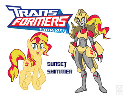 Size: 3300x2550 | Tagged: safe, artist:inspectornills, sunset shimmer, pony, robot, unicorn, g4, crossover, female, high res, simple background, transformares, transformerfied, transformers, transformers animated, white background