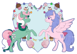 Size: 900x631 | Tagged: safe, artist:sugarcup, firefly, fizzy, g1, candy, cupcake, food, heart