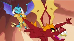 Size: 1920x1080 | Tagged: safe, screencap, garble, princess ember, dragon, g4, gauntlet of fire, discovery family logo, dragon armor, tail pull, this will end in pain