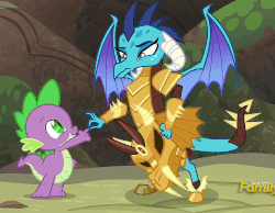 Size: 1194x926 | Tagged: safe, screencap, princess ember, spike, dragon, g4, gauntlet of fire, animated, armor, cute, dragon armor, frown, glare, handshake, loop, smiling, teamwork