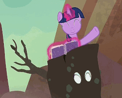 Size: 594x479 | Tagged: safe, screencap, rarity, twilight sparkle, alicorn, pony, g4, gauntlet of fire, animated, cute, disguise, female, levitation, loop, magic, mare, notebook, smile and wave, telekinesis, tree costume, twiabetes, twilight sparkle (alicorn), waving