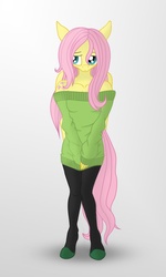 Size: 692x1153 | Tagged: safe, artist:romus91, fluttershy, pegasus, anthro, unguligrade anthro, g4, alternative cutie mark placement, black stockings, clothes, cutie mark, cyan eyes, digital art, female, gradient background, green sweater, hands together, looking at you, looking away, mare, off shoulder, off shoulder sweater, pink hair, pink mane, pink tail, shoulder cutie mark, solo, stockings, sweater, sweatershy, thigh highs, yellow coat
