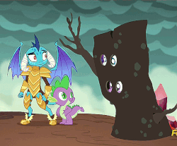 Size: 614x508 | Tagged: safe, screencap, princess ember, rarity, spike, twilight sparkle, dragon, g4, gauntlet of fire, animated, disguise, dragon armor, dragoness, female, loop, raised eyebrow, tree costume, twilight sparkle (alicorn), waving