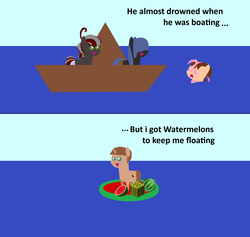 Size: 4002x3791 | Tagged: safe, artist:marlon webb, artist:peternators, oc, oc:heroic armour, oc:neigh sayer, oc:squeaky pitch, oc:think pink, boat, derp, food, minecraft, ms paint, neink, ocean, parody, pointy ponies, ponified, text, vine, watermelon