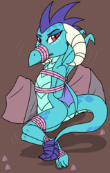 Size: 2550x4000 | Tagged: safe, artist:ryuseihikari, princess ember, dragon, g4, gauntlet of fire, angry, ass, bondage, bound, bound wings, box tied, butt, female, gag, muzzle gag, rope, rope gag, simple background, solo