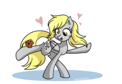 Size: 900x628 | Tagged: safe, artist:oddlittleleaf, derpy hooves, pony, g4, balancing, cute, derpabetes, female, food, heart, lightly watermarked, muffin, silly, silly pony, solo, that pony sure does love muffins, tongue out, watermark
