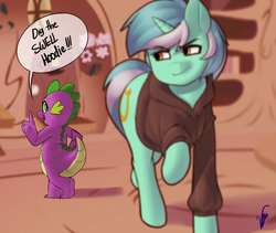 Size: 2000x1685 | Tagged: safe, artist:mrw32, lyra heartstrings, spike, dragon, pony, unicorn, fanfic:background pony, g4, clothes, depth of field, dialogue, dig the swell hoodie, fanfic art, female, hoodie, male, mare, open mouth, speech bubble