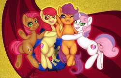 Size: 2550x1650 | Tagged: safe, artist:bumblebun, apple bloom, babs seed, scootaloo, sweetie belle, g4, :p, backwards cutie mark, both cutie marks, butt, cutie mark crusaders, open mouth, plot, the cmc's cutie marks, tongue out