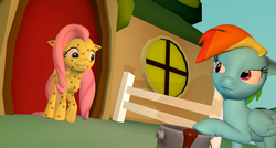 Size: 1650x885 | Tagged: safe, artist:herpderpington11, fluttershy, rainbow dash, g4, hurricane fluttershy, 3d, fluttershy's cottage, gmod, paint can, poker face, pony pox, scene interpretation, smiling