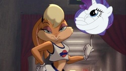 Size: 500x282 | Tagged: safe, rarity, g4, my little pony: friendship is magic, the gift of the maud pie, bedroom eyes, exploitable meme, hand on hip, lola bunny, looney tunes, meme, midriff, rariball, space jam