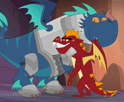 Size: 658x540 | Tagged: safe, screencap, garble, thod, dragon, g4, gauntlet of fire, animated, annoyed, armor, embarrassed, frown, garble's hugs, glare, gritted teeth, hug, loop, the happiest of dragons, wide eyes
