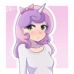 Size: 920x920 | Tagged: safe, artist:gehn94, sweetie belle, human, g4, female, hair bow, horn, horned humanization, humanized, solo