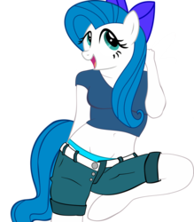 Size: 836x955 | Tagged: safe, artist:fluttercommunist, artist:romus91, oc, oc only, oc:minty blue, anthro, unguligrade anthro, belly button, bow, clothes, hair bow, midriff, shorts, underwear