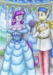 Size: 2461x3483 | Tagged: safe, artist:sinaherib, flash sentry, twilight sparkle, anthro, g4, breasts, cleavage, clothes, dress, female, grand galloping gala, high res, male, ship:flashlight, shipping, straight, traditional art, twilight sparkle (alicorn)