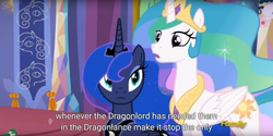 Size: 1920x960 | Tagged: safe, screencap, princess celestia, princess luna, g4, gauntlet of fire, discovery family logo, dragonlance, meme, youtube caption