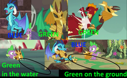 Size: 1119x686 | Tagged: safe, screencap, garble, princess ember, rarity, spike, twilight sparkle, dragon, g4, gauntlet of fire, armor, bodypaint, clever girl, debate in the comments, disguise, dragon armor, green, meta, ocean, paint, seaweed, text, twilight sparkle (alicorn)