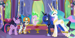 Size: 1304x670 | Tagged: safe, screencap, princess celestia, princess luna, rarity, spike, twilight sparkle, alicorn, pony, g4, gauntlet of fire, bow, discovery family logo, done with your shit, eyes closed, female, frown, glowing, grin, helmet, mare, mining helmet, royal sisters, smiling, squee, tired of your shit, twilight sparkle (alicorn), unamused