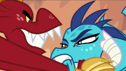 Size: 640x360 | Tagged: safe, screencap, garble, princess ember, rarity, twilight sparkle, dragon, g4, gauntlet of fire, animated, badass, clapping, clapping ponies, discovery family logo, dragon armor, eyes closed, garblebuse, glare, grin, gritted teeth, open mouth, smiling, text, throwing, twilight sparkle (alicorn), violence