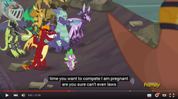 Size: 853x479 | Tagged: safe, screencap, dragon lord torch, garble, prominence, rex, snake (g4), spike, thod, vex, dragon, g4, gauntlet of fire, armor, background dragon, discovery family logo, dragon armor, male pregnancy, meme, pregnant, teenaged dragon, the happiest of dragons, youtube, youtube caption