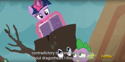 Size: 1920x960 | Tagged: safe, screencap, rarity, spike, twilight sparkle, alicorn, pony, g4, gauntlet of fire, discovery family logo, dragonheart, female, mare, meme, twilight sparkle (alicorn), youtube caption