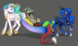 Size: 1280x760 | Tagged: safe, artist:silfoe, discord, princess celestia, princess luna, alicorn, draconequus, pony, royal sketchbook, g4, angry, bendy straw, concave belly, crown, discord being discord, drinking straw, ethereal mane, female, folded wings, glasses, gradient tail, gray background, hammock, hilarious, hoof shoes, humor, jewelry, juice, lemonade, luna is not amused, male, mare, open mouth, peytral, princess shoes, regalia, simple background, slender, starry mane, starry tail, stuck together, sunglasses, tail, thin, this will end in pain, this will end in petrification, trio, varying degrees of amusement, wings