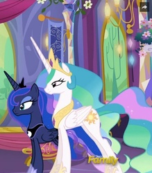 Size: 567x646 | Tagged: safe, screencap, princess celestia, princess luna, g4, gauntlet of fire, cropped, deadpan, discovery family logo, unamused