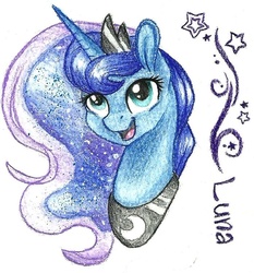 Size: 697x748 | Tagged: safe, artist:twixyamber, princess luna, pony, g4, bust, female, portrait, solo, traditional art