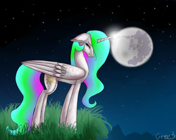 Size: 2360x1876 | Tagged: safe, artist:gree3, princess celestia, g4, horn, horns are touching, mare in the moon, moon, night, sad