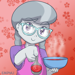 Size: 1000x1000 | Tagged: safe, artist:empyu, silver spoon, equestria girls, g4, female, food, glasses, offscreen character, pov, solo, soup, spoon