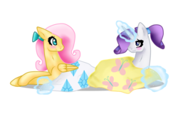 Size: 1024x768 | Tagged: safe, artist:vvalent, fluttershy, rarity, g4, alternate hairstyle, blanket, blushing, bow, cute, female, hair bow, lesbian, ship:flarity, shipping