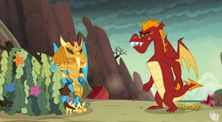Size: 841x461 | Tagged: safe, screencap, garble, princess ember, spike, dragon, g4, gauntlet of fire, discovery family logo, dragon armor, seaweed