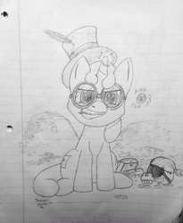 Size: 1586x1936 | Tagged: safe, artist:plinko, oc, oc only, oc:sweetwater, pony, unicorn, female, filly, goggles, grayscale, lined paper, monochrome, sketch, solo, traditional art