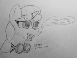 Size: 2004x1497 | Tagged: safe, artist:plinko, oc, oc only, oc:sweetwater, female, filly, goggles, monochrome, sketch, solo
