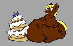 Size: 1059x669 | Tagged: safe, artist:facade, artist:lowkey, oc, oc only, oc:joey butterscotch, belly, belly button, bhm, big boys, birthday cake, cake, candle, fat, food, impossibly large belly, male