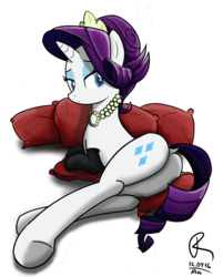 Size: 1402x1743 | Tagged: safe, artist:nevobaster, rarity, pony, unicorn, g4, my little pony: friendship is magic, the gift of the maud pie, breakfast at tiffany's, butt, clothes, dock, female, jewelry, necklace, pearl necklace, pillow, plot, socks, solo, sultry pose