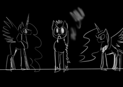 Size: 1169x826 | Tagged: safe, artist:darkhestur, princess celestia, princess luna, oc, oc:dark, alicorn, pony, g4, black background, chalkboard, monochrome, royal sisters, simple background, sketch, trio, white chalk