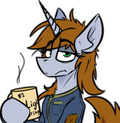Size: 4123x4214 | Tagged: safe, artist:ralek, artist:vinylvortex, oc, oc only, oc:littlepip, pony, unicorn, fallout equestria, absurd resolution, bags under eyes, clothes, coffee, coffee mug, dog lip, fanfic, fanfic art, female, food, hooves, horn, jumpsuit, lidded eyes, looking at you, mare, simple background, solo, transparent background, vault suit