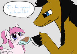 Size: 1169x826 | Tagged: safe, artist:darkhestur, oc, oc only, oc:dark, oc:mashumaro, earth pony, pegasus, pony, ask, banana bread, bread, cute, dialogue, food, simple background, speech bubble, tumblr