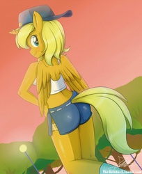 Size: 1305x1600 | Tagged: safe, artist:the-butch-x, oc, oc only, oc:ticket, alicorn, anthro, alicorn oc, backwards ballcap, baseball cap, cap, commission, hand on hip, hat, looking at you, looking back, midriff, smiling, solo