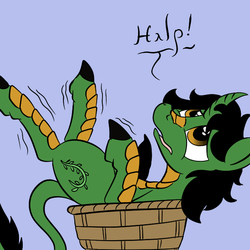 Size: 659x659 | Tagged: safe, artist:darkhestur, oc, oc only, oc:kappa the kirin, basket, dialogue, halp, simple background, speech bubble, stuck