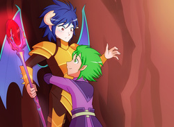 Size: 1280x939 | Tagged: safe, artist:jonfawkes, princess ember, spike, human, gauntlet of fire, armor, bloodstone scepter, cute, dragon armor, dragon lord ember, elf ears, female, freckles, frown, hug, humanized, it's called a hug, male, scene interpretation, smiling, spread wings, wide eyes, winged humanization, wings