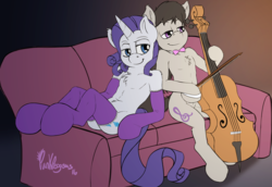 Size: 2000x1375 | Tagged: safe, artist:punk-pegasus, octavia melody, rarity, unicorn, semi-anthro, g4, bow (instrument), butt, cello, cello bow, clothes, collar, couch, female, lesbian, musical instrument, plot, raritavia, shipping, socks