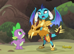 Size: 950x689 | Tagged: safe, screencap, princess ember, spike, dragon, g4, gauntlet of fire, discovery family logo, dragon armor, weapons-grade cute