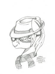 Size: 771x1037 | Tagged: safe, oc, oc only, oc:swiftnote, pegasus, pony, bust, clothes, commission, cute, glasses, hat, looking at you, portrait, scarf, sketch, smiling, solo
