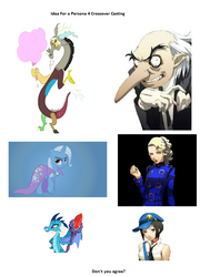 Size: 740x980 | Tagged: safe, artist:lolke12, artist:shelmo69, artist:topaz7373, discord, princess ember, trixie, dragon, pony, unicorn, g4, gauntlet of fire, bloodstone scepter, cotton candy, crossover, dragon lord ember, female, igor, mare, margaret, marie, persona, persona 4, persona 4 golden