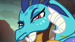 Size: 1920x1080 | Tagged: safe, screencap, princess ember, dragon, g4, gauntlet of fire, death stare, discovery family logo, dragon armor, raised eyebrow