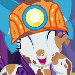 Size: 494x494 | Tagged: safe, screencap, rarity, pony, unicorn, g4, gauntlet of fire, animated, bow, clothes, cute, dirt, dirty, eyes closed, female, giggling, hat, helmet, laughing, mare, mining helmet, open mouth, raised hoof, raribetes, smiling, weapons-grade cute