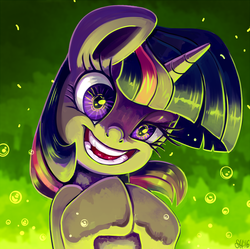 Size: 873x870 | Tagged: safe, artist:sorcerushorserus, twilight sparkle, pony, unicorn, g4, bubble, crazy eyes, female, laughing, mad scientist, mare, open mouth, solo, twilight snapple