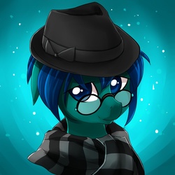 Size: 894x894 | Tagged: safe, artist:starshinebeast, oc, oc only, oc:swiftnote, bust, clothes, fedora, glasses, hat, portrait, scarf, solo